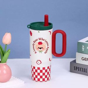 Handle <b>Macaron</b> Car Tumbler 24oz 720ml Double Wall Stainless Mug Lid Straw Anti-Slip Base Custom Color OEM - Product Image 6