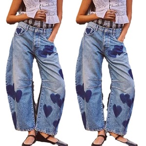Imprimé floral Baggy Jeans Casual Loose Mid Waist Tube Shaped Women's Jeans Boho Beach Blue Cotton Denim Jeans for Women Pants - Product Image 6