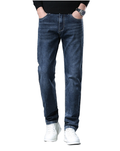 Men's Trendy Thickened Woven Denim Casual Pants Solid Pattern Loose <b>Elastic</b> Medium Wash Straight Mid <b>Jeans</b> for Autumn - Product Image 1