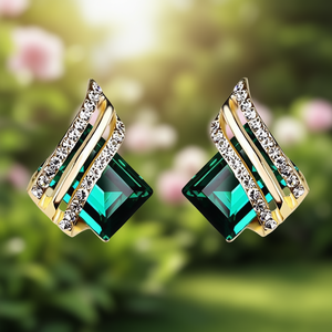 Pendientes geométricos chapados en oro con cristal verde y diamantes de imitación de corte princesa para mujer, joyería de moda para fiestas - Product Image 2