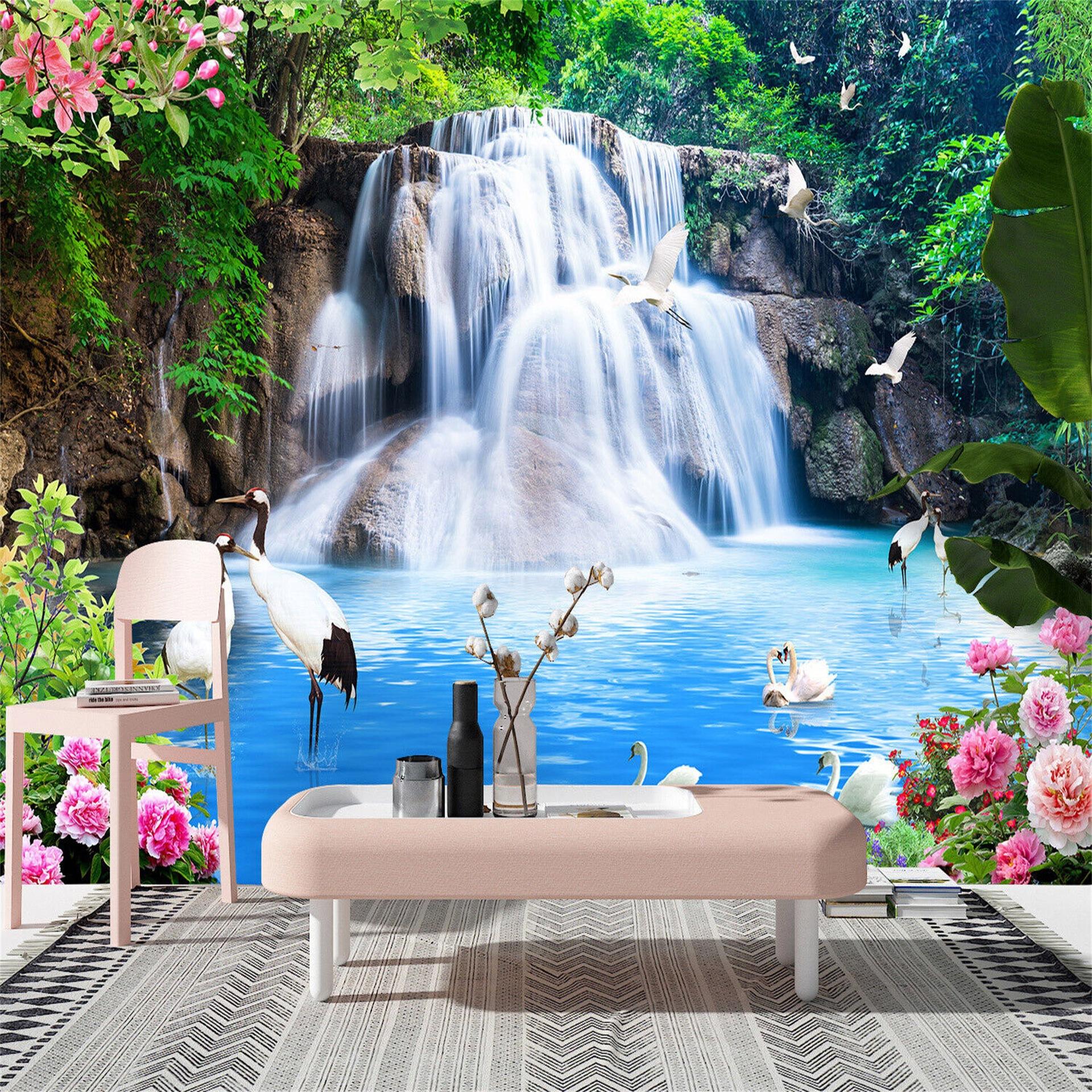 Waterfall Wallpaper - 3D Tree Mural - Waterproof \u0026 Custom Size, image size:1920x1920