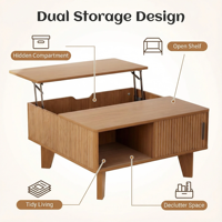 Table basse relevable en bois cannelé avec porte coulissante, table centrale carrée de 29,7 pouces avec rangement pour salon