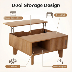 Tavolino da Caffè con Piano Sollevabile, Tavolo Centrale in Legno Scanalato con Anta Scorrevole, Tavolino Quadrato da 75,5 cm con Vano Portaoggetti per Soggiorno - Product Image 3