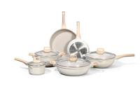 Ensemble de 21 pièces de batterie de cuisine de luxe moderne en aluminium avec revêtement antiadhésif beige granit, base multicouche, couvercles en verre, écologique, pour la maison