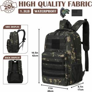 กระเป๋าเป้สะพายหลังกันน้ำลายทหารแบบมีซิป Molle ลายพรางสำหรับเด็กผู้ชาย ยี่ห้อ Factory Kids Oxford เหมาะสำหรับไปโรงเรียน กิจกรรมกลางแจ้ง กีฬา ตั้งแคมป์ สีดำ - Product Image 2