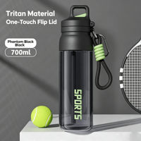 Bouteille d'eau sport Tritan 700 ml, avec couvercle à ouverture rapide et paille, gourde portable anti-fuite avec mousqueton pour la gym