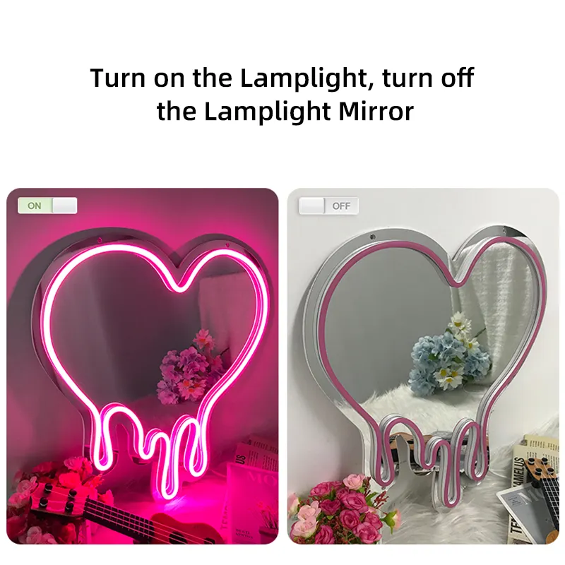 Divatla Novidades Custom Heart Neon Mirror Design Home Decor Wall Mounted Neon Sign Lighting Led Infinity Mirror