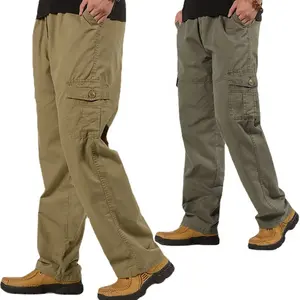 Calças de trabalho cáqui para homens, calças de algodão de tamanho 5xl com cintura elástica e perna reta, roupas casuais de carga