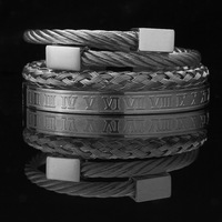 Ensemble de bracelets en acier titane vintage avec couronne en zircon incrustée de cuivre à lettres romaines transfrontalières, bracelet ouvert en maille électro-plaqué