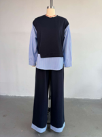 Ensemble deux pièces débarassé des rayures : T-shirt et pantalon taille haute amincissant à jambes larges