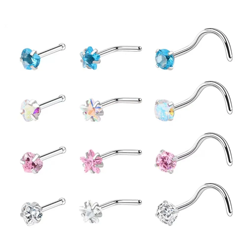 Amazon Hot Sale 316 Stainless Steel Nose Ring Delicate Flowers Micro Pave Zircon Nose Stud Earrings Body Piercing Jewelry