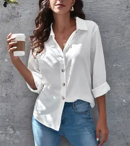 2023 New Loose Button Up Solid Color Blouse White Long Sleeve Show Thin Cardigan Shirts