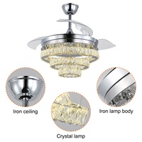 Vente directe d'usine, ventilateur de plafond moderne en cristal intelligent à commande à distance BLDC réversible 60W 42 pouces avec lumière LED