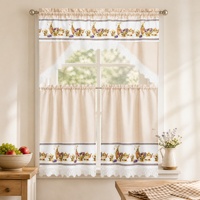 Ensemble de 3 rideaux de cuisine style ferme, rideaux courts à volants et à passe-tringle, aspect lin semi-transparent avec bordure en dentelle