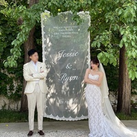 Panneau de bienvenue personnalisable en tissu maillé blanc à bordure dentelle, style coréen, avec message d'anniversaire brodé, toile de fond pour photographie de mariage