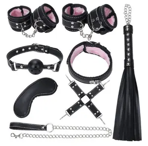 8 unids/set BDSM Bondage Restraint cuero negro y Rosa Furry Bondagesexy Kit de muebles hecho en China SM Play toy