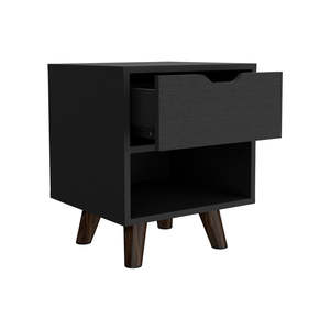 Modern Nightstand 19H Black Drawer <b>Open</b> Shelf Wooden Legs Bedroom <b>Storage</b> - Product Image 6