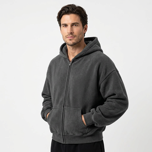 Sweat à capuche zippé surdimensionné gris anthracite personnalisé en molleton polyester/coton épais, grande taille, effet délavé, streetwear printemps pour homme - Product Image 1