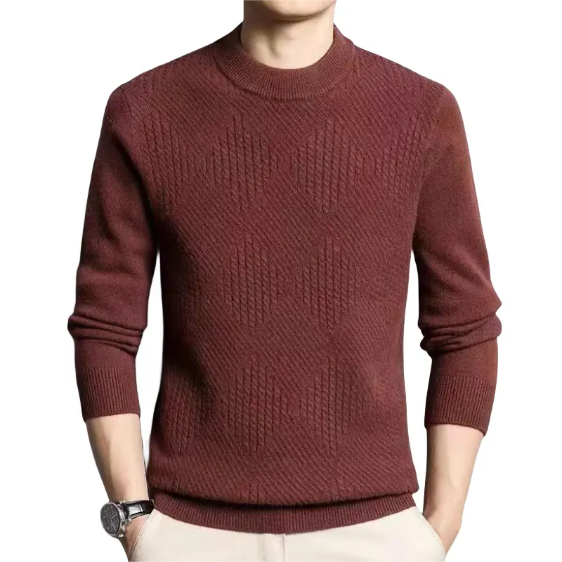 Último diseño simple y elegante suéter marrón de invierno para niños delgado con cuello redondo para hombres