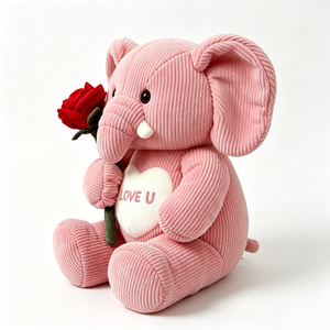 Peluche éléphant rose en velours côtelé personnalisée, tenant une rose rouge, avec inscription LOVE U brodée sur un cœur blanc, éléphant en peluche assis - Product Image 4
