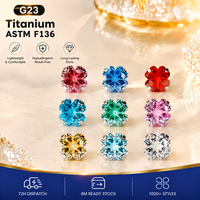 Anting-anting tusuk tulang rawan ASTM F136 tanpa ulir, berbahan titanium, model bunga dengan CZ, berbagai warna, setting prong, hipoalergenik, bebas nikel, grosir.