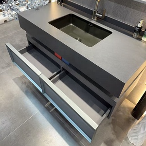Meuble-lavabo flottant gris foncé moderne avec armoire miroir <span class=keywords><strong>LED</strong></span>, ensemble <span class=keywords><strong>de</strong></span> meuble-lavabo en pierre frittée <span class=keywords><strong>de</strong></span> qualité hôtelière - Product Image 2