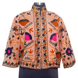 Handmade Women's Winter <b>Quilted</b> Cotton Knitted Floral Suzani Embroidery Short Sleeve <b>Jacket</b> - Product Image 1