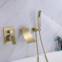 Ensemble de robinetterie de douche et baignoire en laiton brossé moderne, avec mitigeur à levier unique, douchette pluie douce à valve céramique, fixation murale pour hôtels/villas