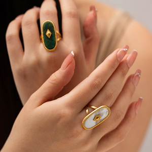Fashion <b>Rings</b> 18K <b>Gold</b> Plated Stainless Steel Natural Mother Of Pearl Oval Bezel <b>Set</b> Geometric Design Unisex Jewelry Gift - Product Image 4