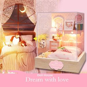 Casa delle bambole in miniatura in legno mobili educativi fatti a mano giocattoli casa delle bambole fai da te con copertura antipolvere - Product Image 3