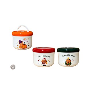 Christmas Bear Plastic Steel Double Layer <b>Lunch</b> <b>Box</b> 900Ml Round With Lid For Breakfast Oatmeal Halloween Pumpkin Design - Product Image 1