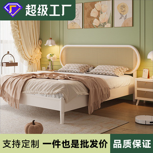 French Style Cream Solid Wood Rattan <b>Bed</b> 1.8m <b>Double</b> Platform <b>Bed</b> For Bedroom Homestay - Product Image 5