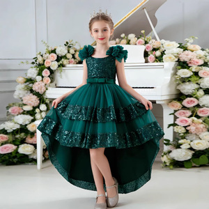 Robe de princesse pour filles, robe de bal à sequins, col halter, en tulle, pour fête d'anniversaire, robe de cérémonie avec traîne et nœud 9003 - Product Image 3