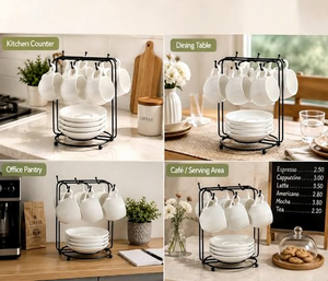 Support à tasses minimaliste en métal avec rangement pour assiettes, organisateur de vaisselle de cuisine à double niveau sur pied, noir - Product Image 5
