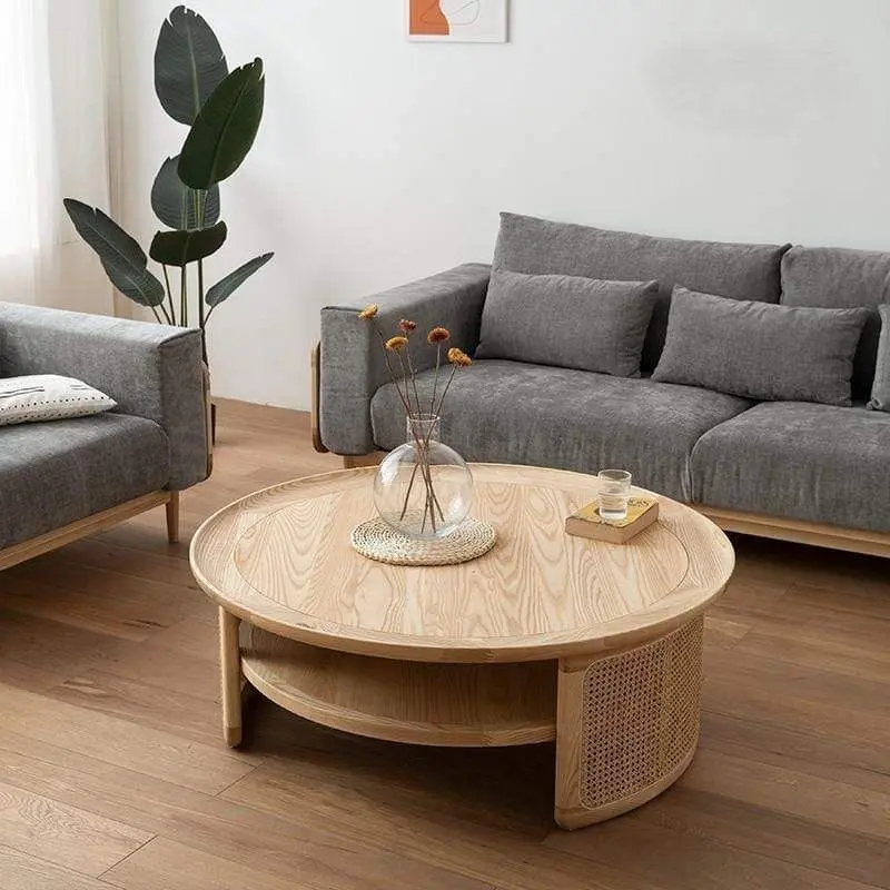 新モデル屋内家具モダンラウンドティー木製籐リビングルームコーヒー織りサイドテーブル