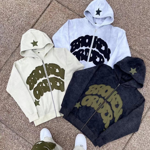 Sudaderas con capucha con logotipo de marca personalizado para hombre con parches de chenilla Sudadera con capucha con cremallera polar de algodón pesado Sudaderas con capucha lisas con cremallera completa para hombre - Product Image 1