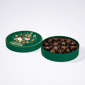 Boîte cadeau ronde de Noël en chocolat avec design festif et insert, conteneur rigide en carton vert pour friandises de fêtes - Product Image 2