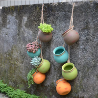 Set kustom dari 4 buah pot pot pot sukulen keramik kreatif pot bunga dinding gantung dengan tali