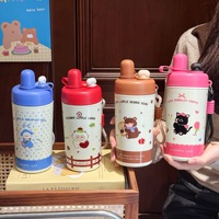 Botella de Agua de Acero Inoxidable para Niños con Estampado de Osito, Pato, Cordero y Gato, Tapa Doble Aislada, Termo con Correa de Mano Portátil