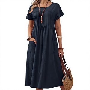 ヨーロッパ系アメリカ人女性用ヴィンテージAラインエンパイアウエストロングスカート新作無地ワンピース - Product Image 1