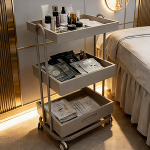 Three Tier Salon Trolley <b>Wooden</b> Storage Cart Mobile Beauty Shop Utility Rack with Drawers and <b>Wheels</b> - Product Image 1