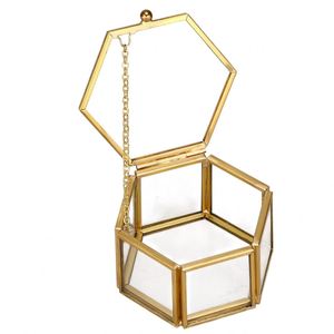 Caja de Joyería Hexagonal de Cristal Dorado Vintage, Organizador Geométrico para Bisutería, Estuche Transparente para Exhibición de Anillos, Aretes y Collares - Product Image 1
