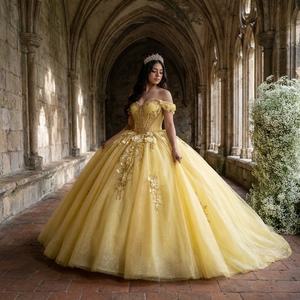 Dy6919 イエロー キンセアニェーラドレス ボールガウン ノースリーブ アップリケ シフォン プロムドレス スウィート16用 - Product Image 1