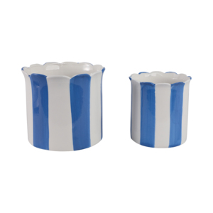Vasi per Fiori in Ceramica a Forma di Cilindro con Bordo Ondulato, Blu e Bianchi a Strisce, per Interni ed Esterni, Vasi Decorativi per Piante - Product Image 3