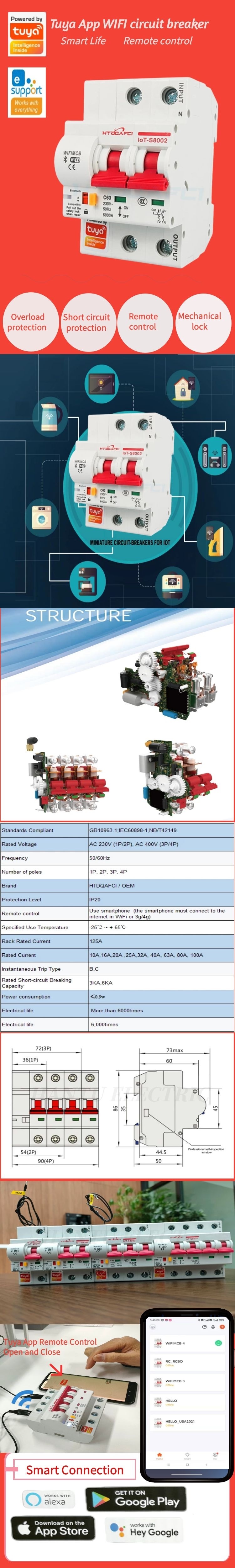 Whole sell high quality Tuya Wifi Circuit Breaker MCB 110KV/230KV 16A to 125A Series Micro Wifi Circuit Breaker