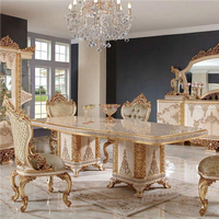 Ensemble de table et chaises de salle à manger de haute qualité, en bois massif, sculpté à la main, finition feuille d'or, forme rectangulaire, style farmhouse, cuisine