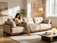 Ensemble de canapés en cuir véritable et bois pour salon, canapé nuage en cuir pleine fleur, mobilier de salon