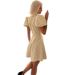 Robe Courte Femme à Pois Col Mandarin Manches Courtes Bouffantes Découpe Frontale Taille Corset Coupe Évasée Style Vintage pour Tea Party - Product Image 3