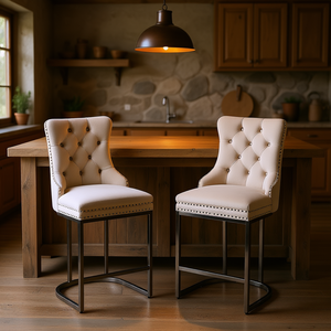 Ensemble de 2 tabourets de bar modernes en velours, dossier boutonné, base chromée, pour îlot de cuisine style farmhouse - Product Image 2