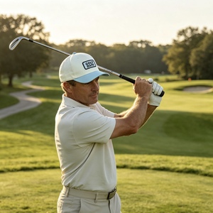 Casquette de baseball personnalisée bicolore blanc cassé et bleu clair à 6 panneaux avec patch tissé logo Golf Days, réglable avec fermeture snapback en plastique, pour le golf et les sports - Product Image 6
